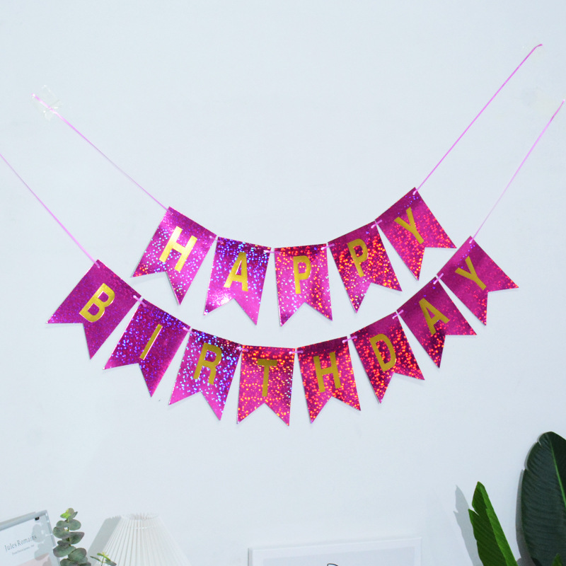 Papel de cumpleaños inglés dorado superficie brillante cola de pez tire bandera Feliz cumpleaños carta colorida bandera accesorios de decoración de fiesta