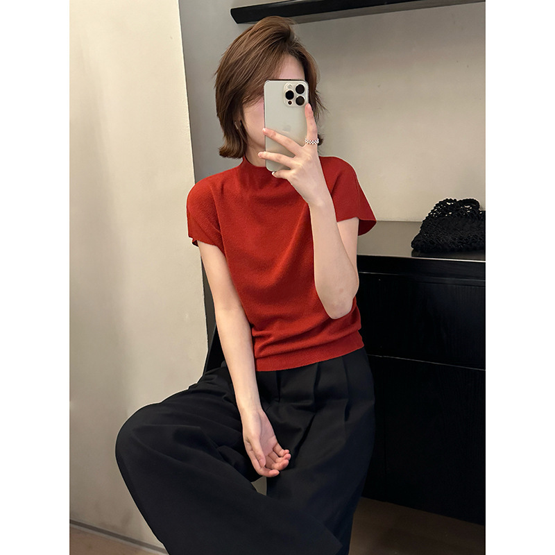 MMC DITION羊毛短袖针织衫女秋季2025新款显瘦高级感半高领打底衫|undefined