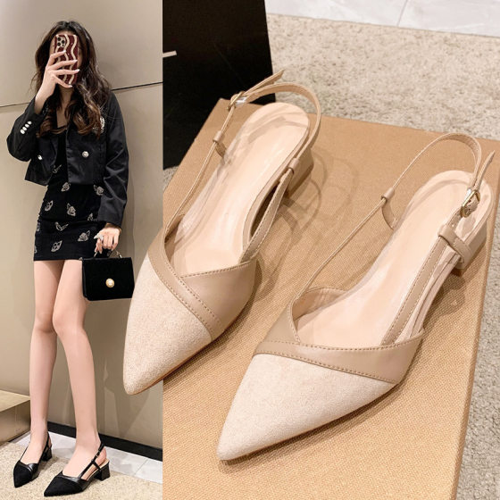 French Toe Sandals Pointed Toe with Nude High Heels Women's Summer New Thick Heel Shoes 5cm