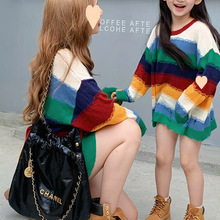 2025亲子装复古彩虹条纹破洞亲子装圆领针织衫母女装毛衣秋冬