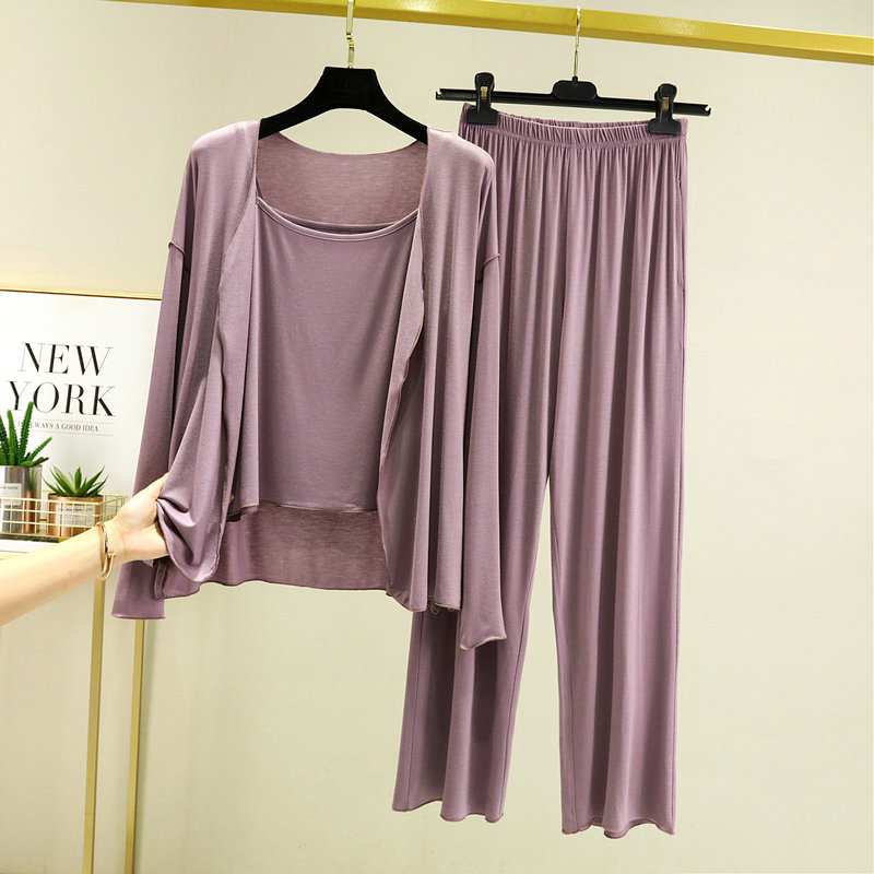 Primavera y verano pijamas rojos en línea pantalones modales de manga larga de tres piezas para mujer ropa para el hogar al aire libre casual se puede usar traje exterior