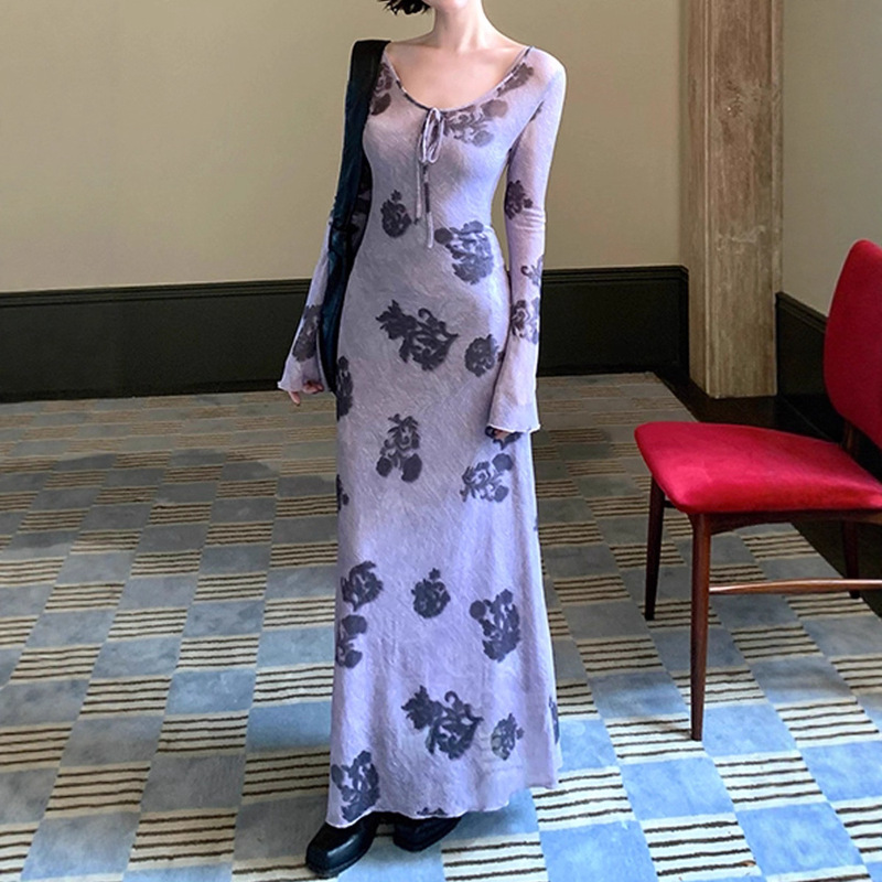 【Autumn Vine and Apricot】Hong Kong Style Retro 2026 Autumn New Long Linen Mesh Print Dress