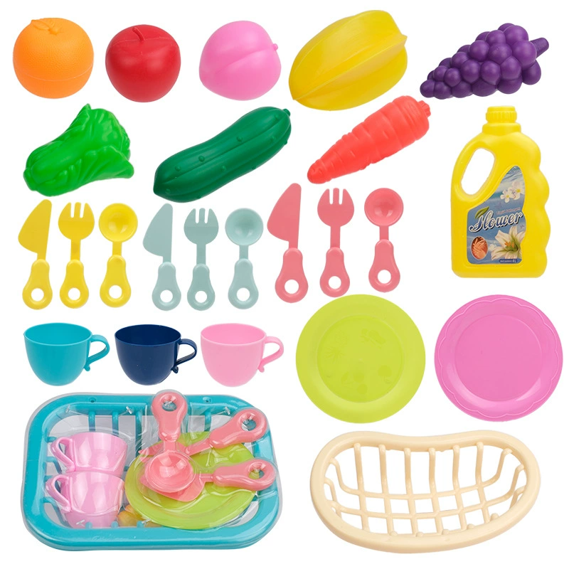 Игрушечные кухонные принадлежности из пластика, имитирующие фрукты и овощи, для ролевых игр: нож, вилка, ложка, тарелка, чашка, морковь, огурец, виноград.