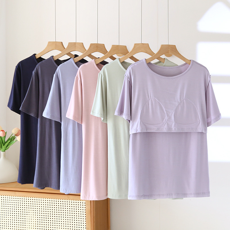 Modal Pajamas with Chest Pad Women's Free Bra Short-sleeved T-shirt Base Shirt Summer Thin Solid Color Round Neck Home Clothes