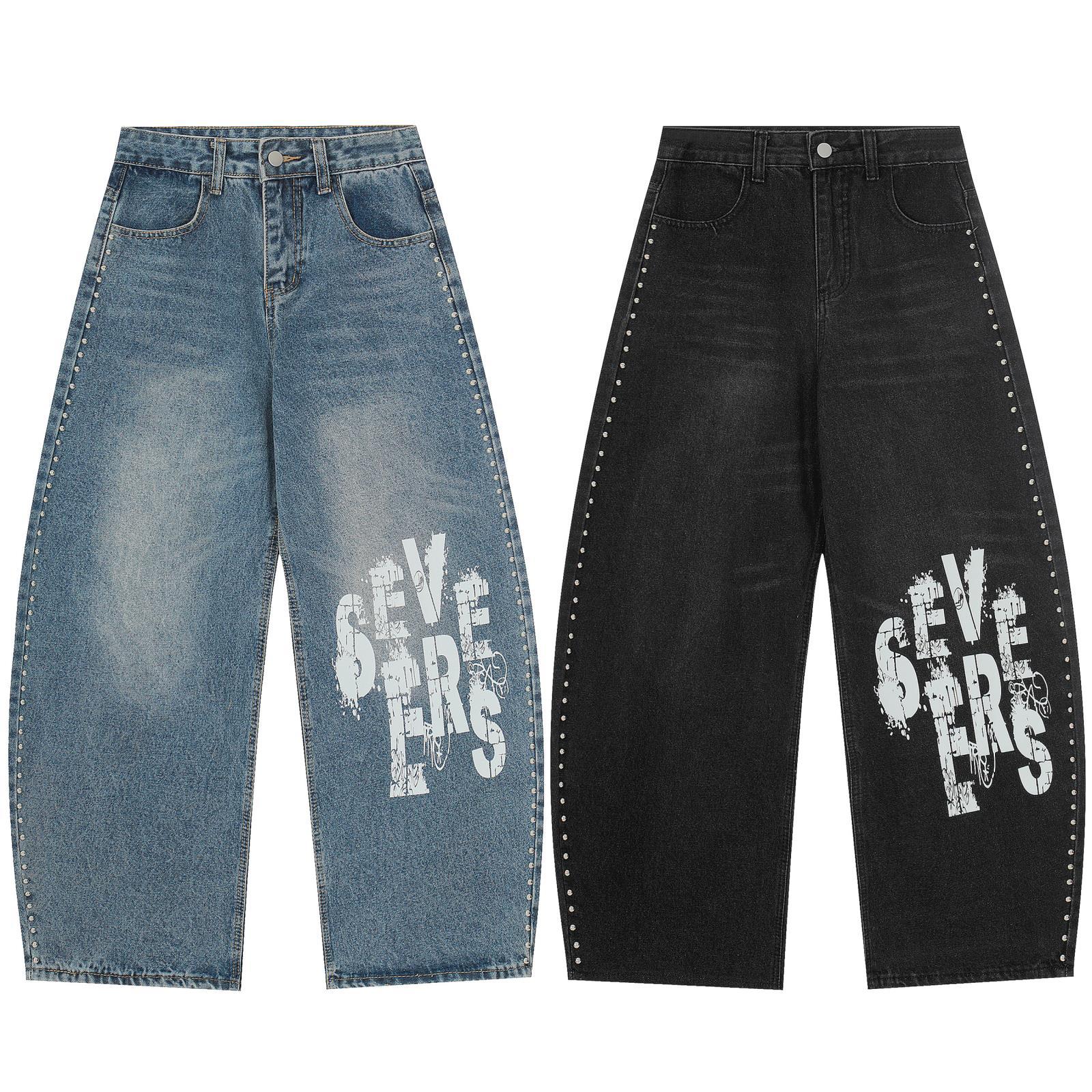 Streetwear Letter Print Jeans For Men – Relaxed Straight-Leg Denim Pants With Distressed Design, Unisex Casual Trousers (Black/Blue, S-XL)_mkmklike.com