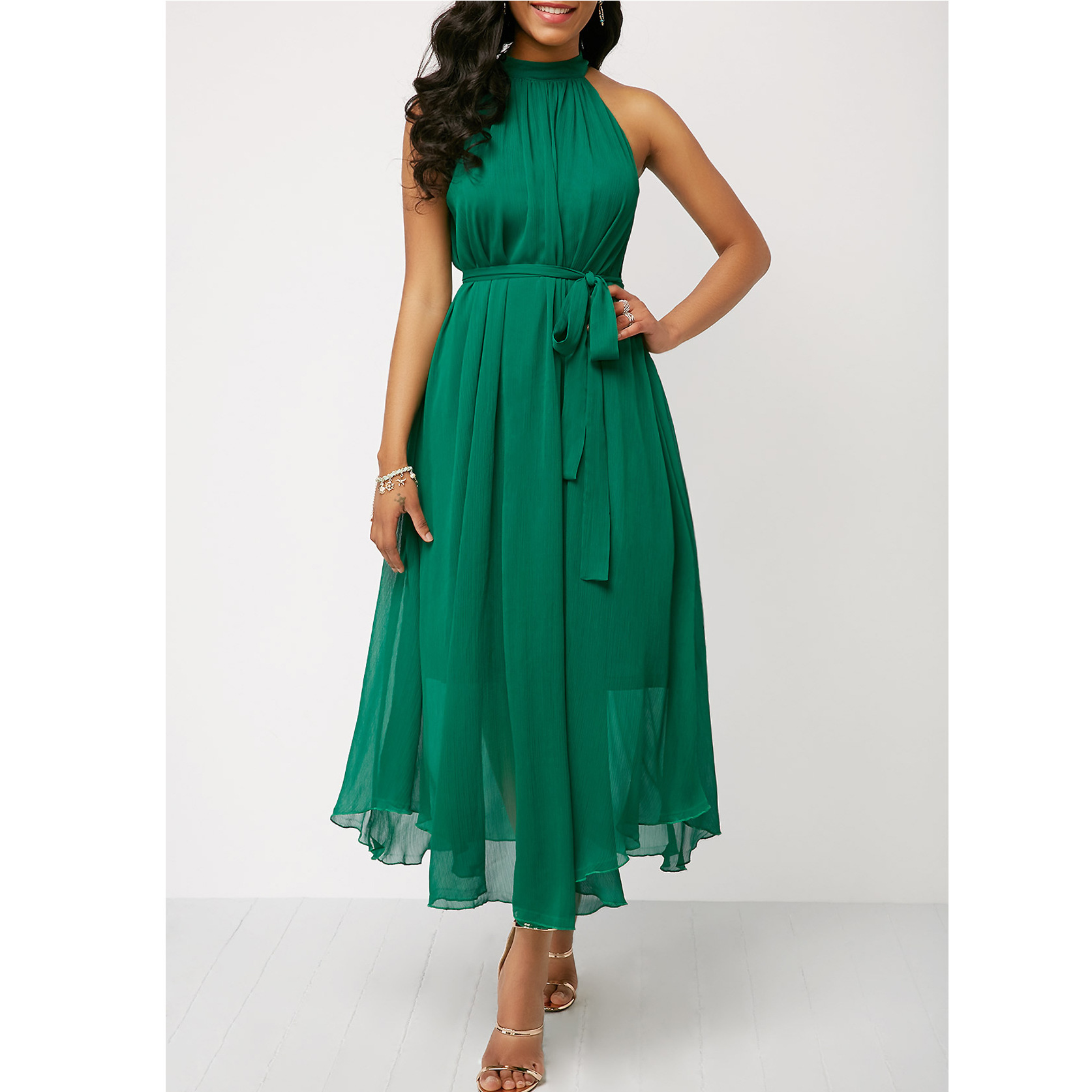 European and American spring and summer halterneck off-shoulder chiffon pleated dress plus size brand women's clothing cross-border supply_senzul.com