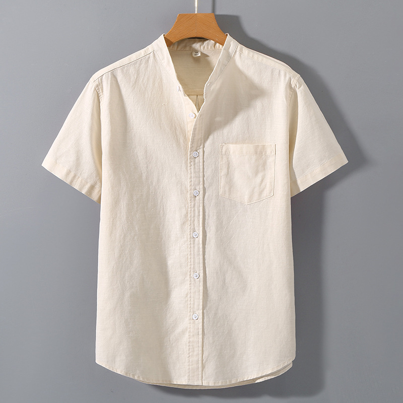 Camicia di lino da uomo sottile camicia a maniche corte ampia camicia estiva in cotone lino stile cinese da uomo casual con colletto rialzato_voghion.com