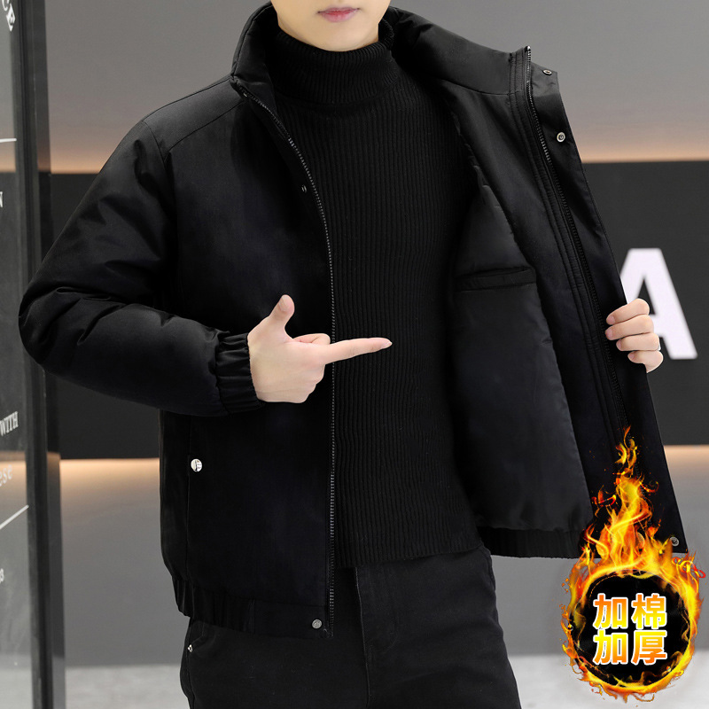 겨울 새로운 2024 면 의류 남성 수직 칼라 솔리드 컬러 두꺼운 따뜻한 코튼 코트 청소년 패션 센스 재킷
