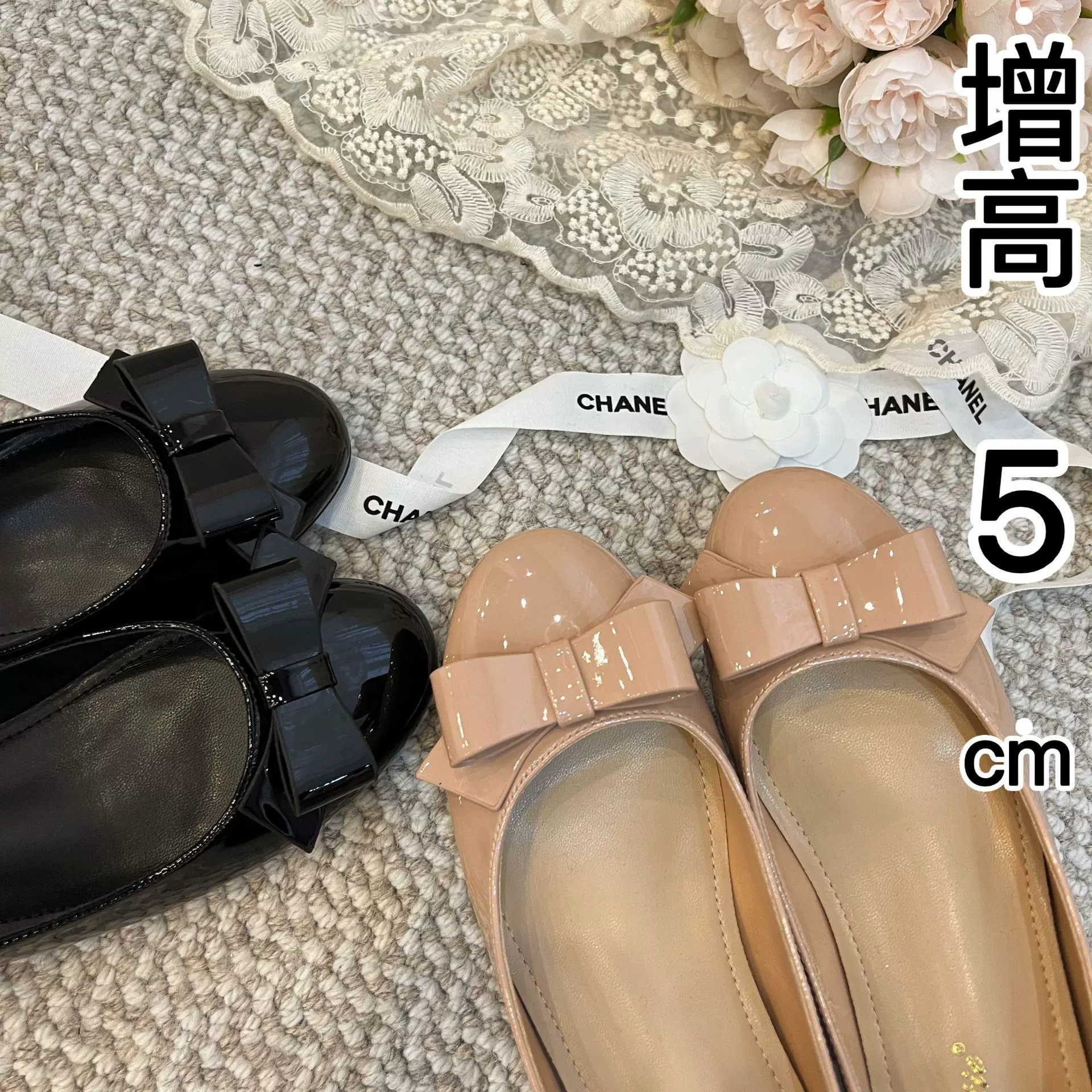 增高5cm蝴蝶结圆头浅口单鞋女2025春新款仙女风漆皮一脚蹬软底鞋