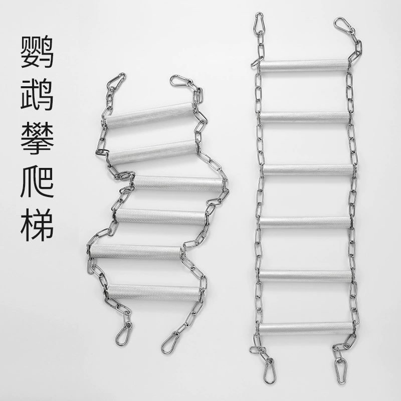 Попугай поднимается по лестнице в клетке для птиц