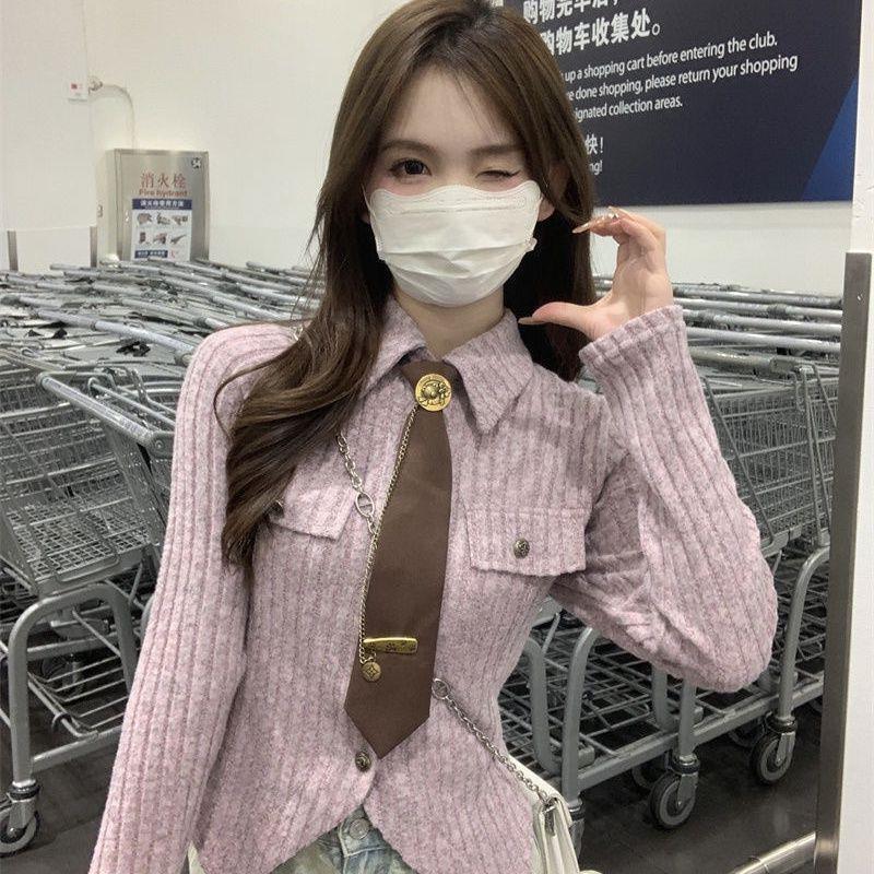 Maillard Internet Popular Commuter Knitted Base Shirt Women's Autumn and Winter Sweet and Hot College Style Tie Lapel Shirt Two-piece Set Maillard Internet Popular Commuter Knitted Base Shirt Women's Autumn and Winter Sweet and Hot College Style Tie Lapel Shirt Two-piece Set