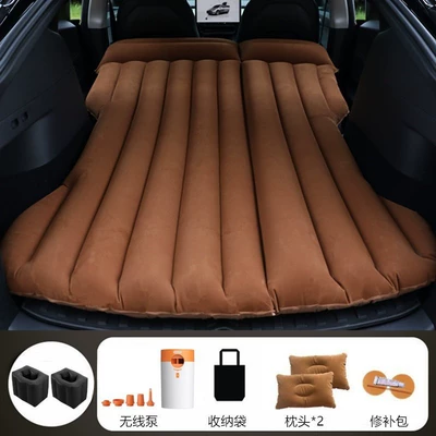 Bed Modely – Vehicle-mounted inflatable bed - brown-tesla-model-y-with-round-white-and-orange-pump-a-pair-of-square-piers