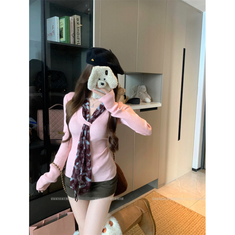 Autumn new Korean-style sweet and spicy girl silk collar long-sleeve knit sweater top for women