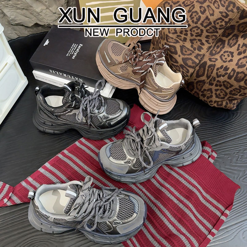 真皮厚底老爹鞋女款2025秋冬季新款百搭增高鞋子女网面休闲运动鞋|undefined