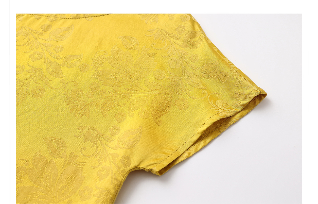Bộ áo quần hai mảnh phong cách Trung Hoa mới cổ đứng jacquard mùa hè — Áo màu vàng, Quần dài màu vàng chi tiết 7