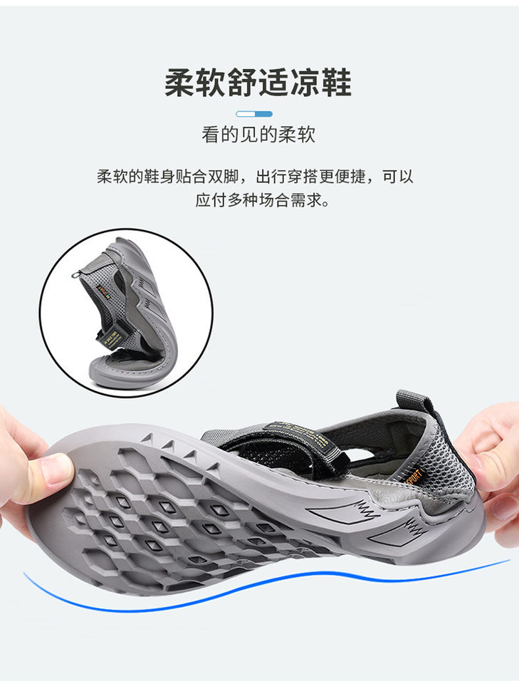 Dép sandal nam quai ngang kiểu La Mã bao đầu, thân lưới thoáng khí, đế cao su — 5512 dép sandal màu xám, 5512 dép sandal đen chi tiết 5