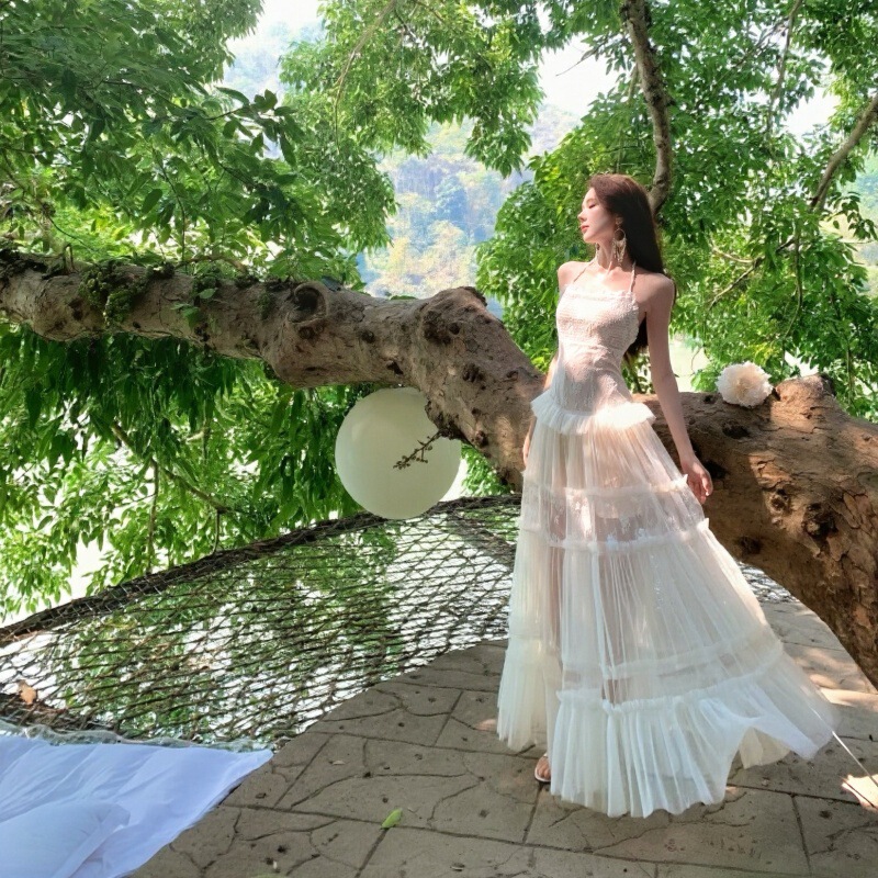 Water-Gloss Sheer Lace Jacquard Patchwork Long Holiday Lace Mesh Halter Backless Dress Printed Fairy Dress