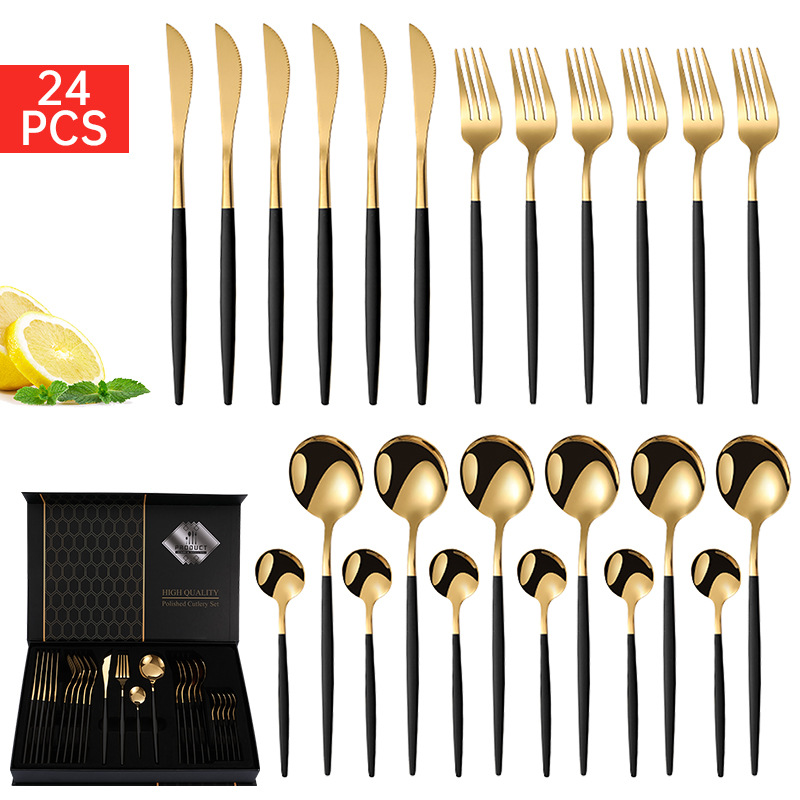 Transfronterizo de Amazon de acero inoxidable vajilla portuguesa conjunto de 24 piezas de Hotel Occidental cuchillo de carne, tenedor y cuchara caja de regalo traje