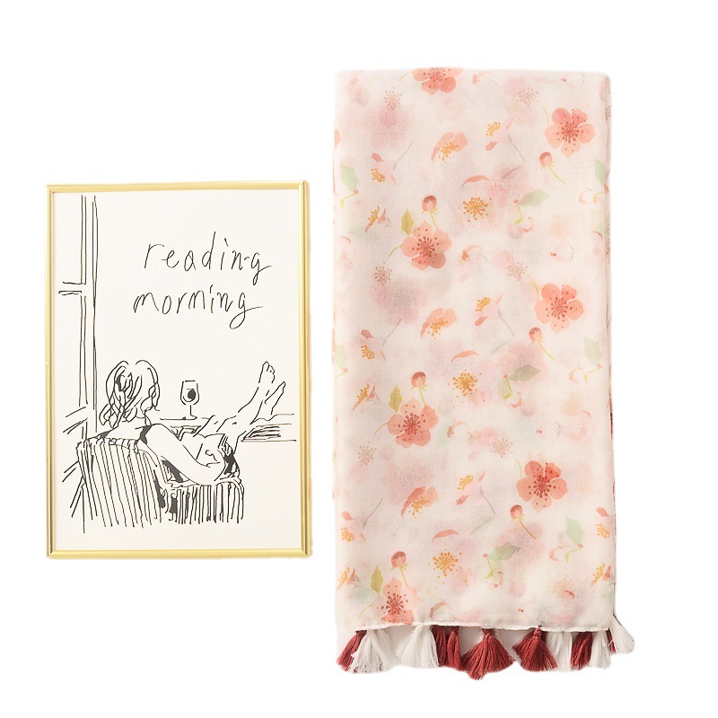 2022 estilo coreano Venta caliente fresco melocotón flor decorativa algodón y lino sentir bufanda simple todo partido borla bufanda viaje chal