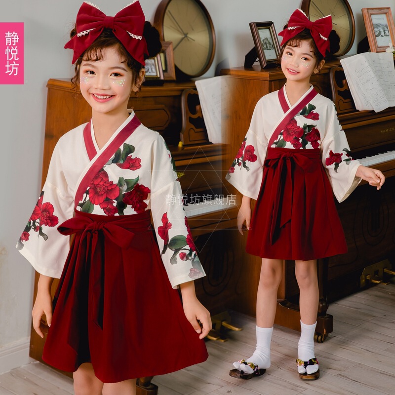 New Year's Kidsren's Clothing Red Witch Costume Kimono Suit Retro Girls Dress Long-Sleeved Han Element Witch