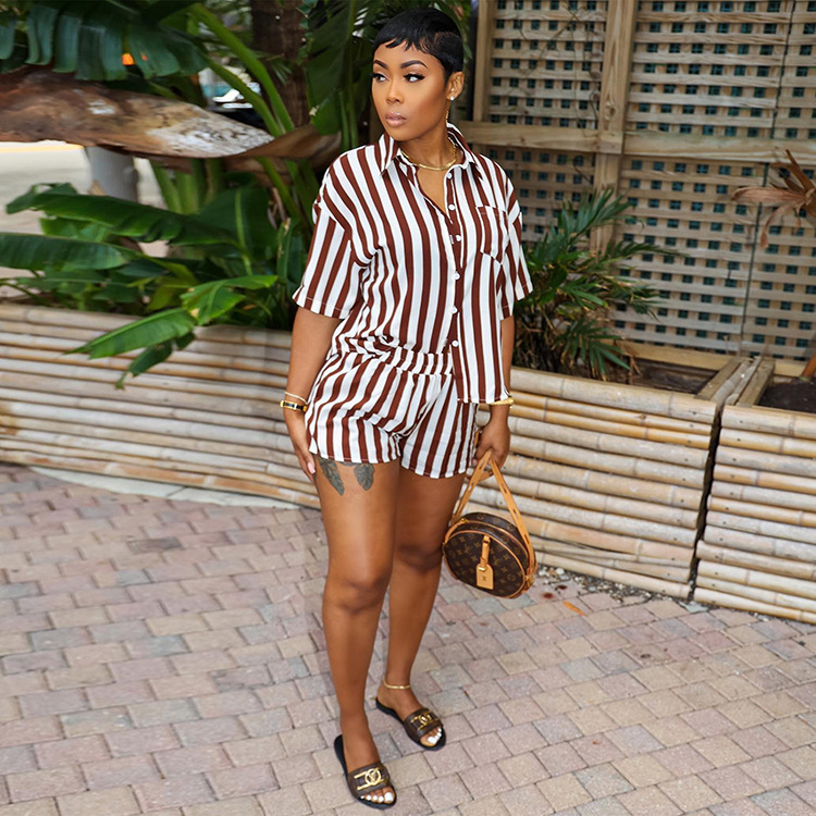 JH5963 European And American Women's Independent Station Summer Fashion Striped Print Loose Shirt Two-Piece Set_ecoleips.com