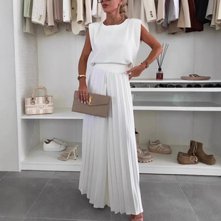 Cross-border 2025 Foreign Trade Women's Fashion suit Round Neck Sleeveless Top Pleated Wide Leg Pants Two-piece Casual suit