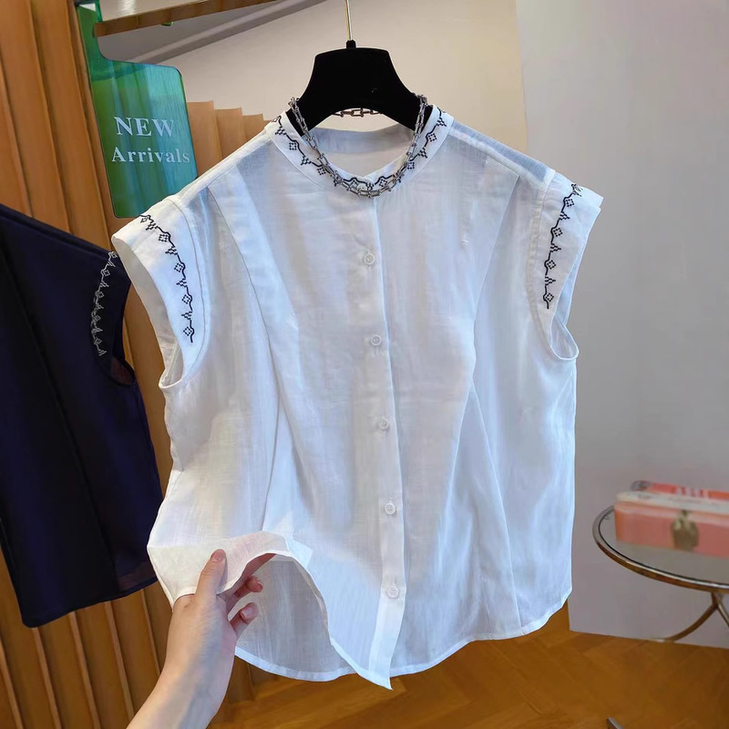 女性用のハイエンドでユニークで美しいノースリーブシャツ、ヘビーウェイトの刺繍入りアウターベスト、ラミー素材の気質シャツ|undefined