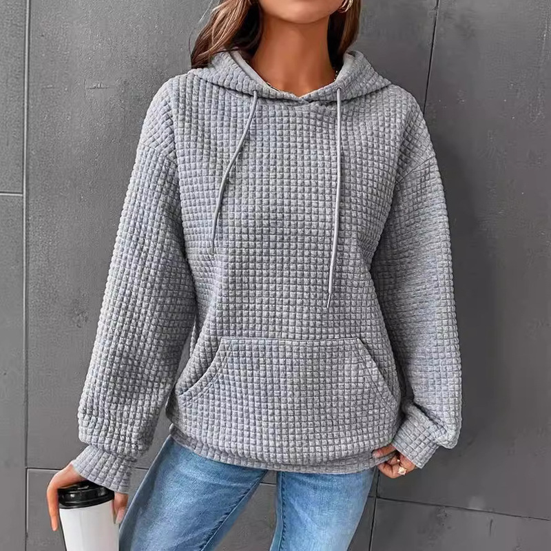 2025 Autumn and Winter Amazon European and American Women's Fashion Cross-Border New Waffle Knit Round Neck Long Sleeve Sweatshirt Solid Color Top for Women