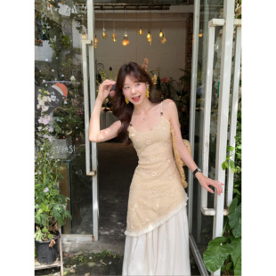 First Love Three-Dimensional Flower Camisole Women's Irregular Tassel Chic Sleeveless Top High Waist Wide Leg Pants Suit Women