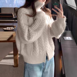 秋冬三股加厚100羊毛衫女双拉链针织开衫宽松毛衣外套上衣麻花