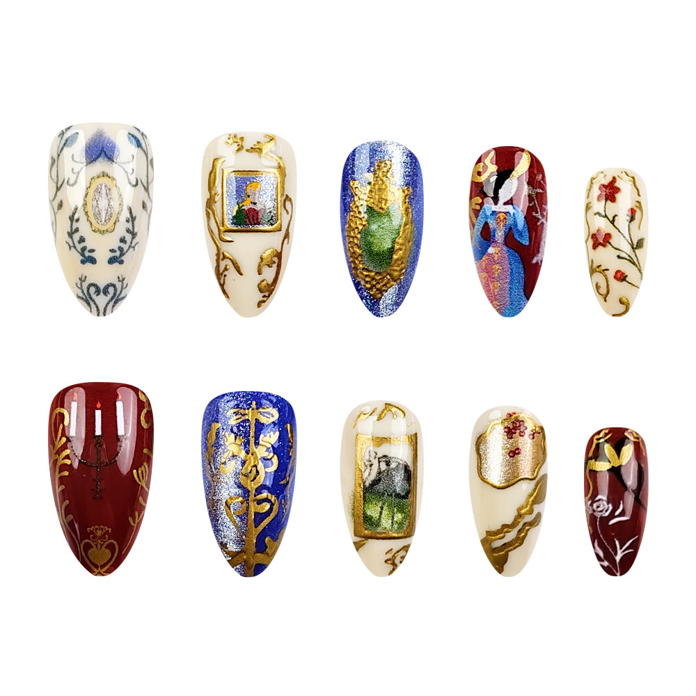 Ventas transfronterizas en caliente estereoscópicas de oro Lp desgaste uñas barrocas pintura de uñas 24 piezas de uñas falsas terminadas