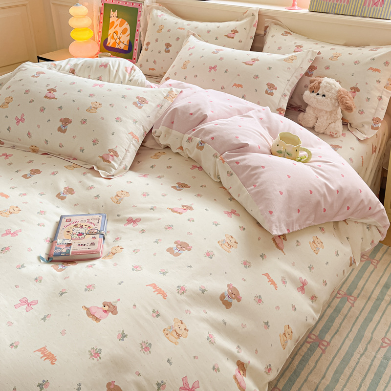 Xiaokaba algodón fresco de cuatro piezas, sábanas de algodón, ropa de cama de tres piezas para estudiantes.
