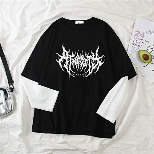 2024 primavera transfronteriza nueva letra impresa Jersey superior suelta falsa de dos piezas de manga larga Camiseta de las mujeres de tela de algodón