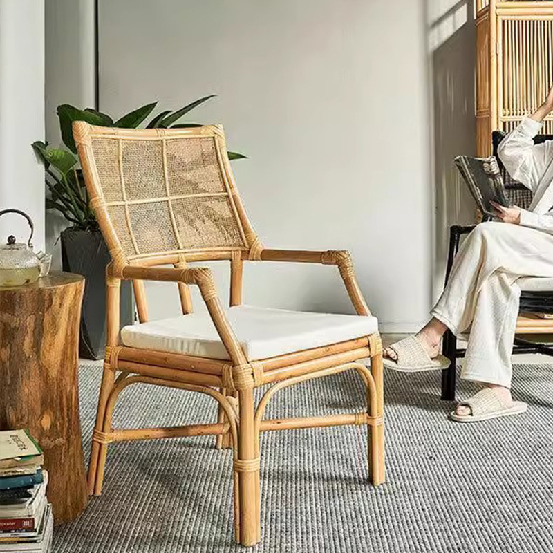 Vintage Natural Rattan Leisure Chair, Wabi-Sabi Style Single Armchair for Guesthouses and Tea Rooms, Nordic Japanese-Style Rattan Dining Chair