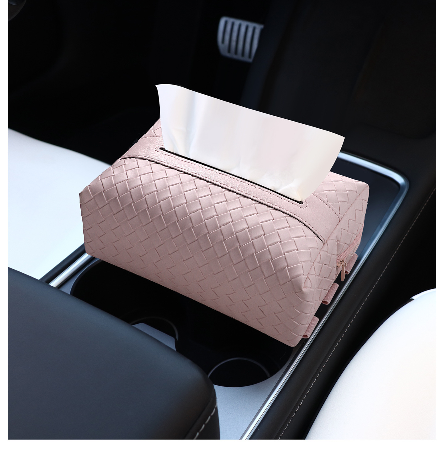 Car Tissue Box Woven Pattern Tissue Box Light Luxury High-End Leather Car Armrest Box Hanging Car Supplies