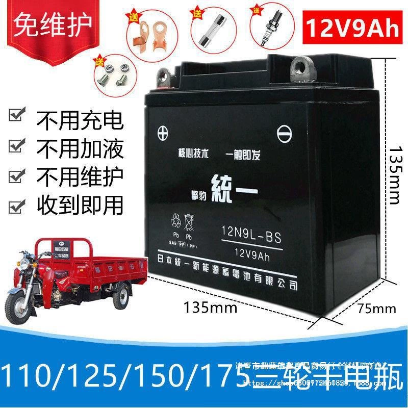 Longxin Dayang Futian Zongshen 110-175 трехколесный мотоцикл без технического обслуживания аккумулятор 12V9A сухой аккумулятор