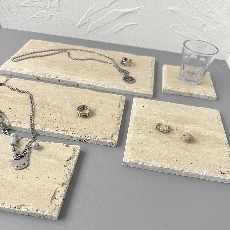 Estilo antiguo amarillo travertino irregular encaje plano hotel joyería de baño bandeja de almacenamiento pendientes exhibición de joyas