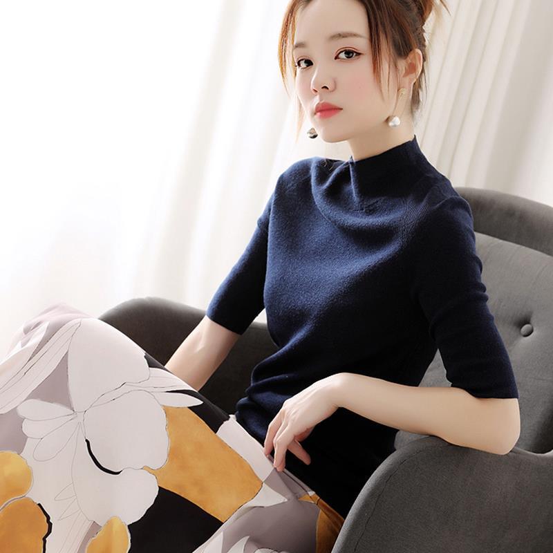 2023 Spring New Mid-sleeve Slim-fit Cardigan Women's Half-turtleneck Elegant Inner Base Shirt Sweater