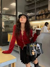 南油品质韩国出口单排扣露锁骨开衫长袖毛针织衫拼接撞色时尚款