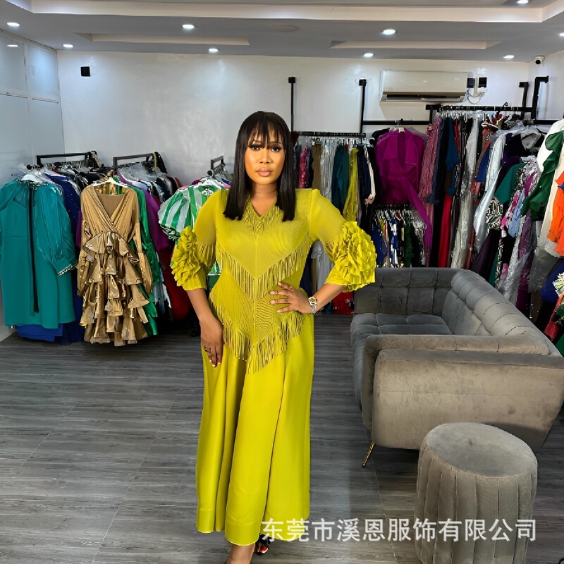 Miyaki dress Miyake Pleated New Solid Color Fashion Hand-waked Flower Tassel V-neck Elegant plus size dress