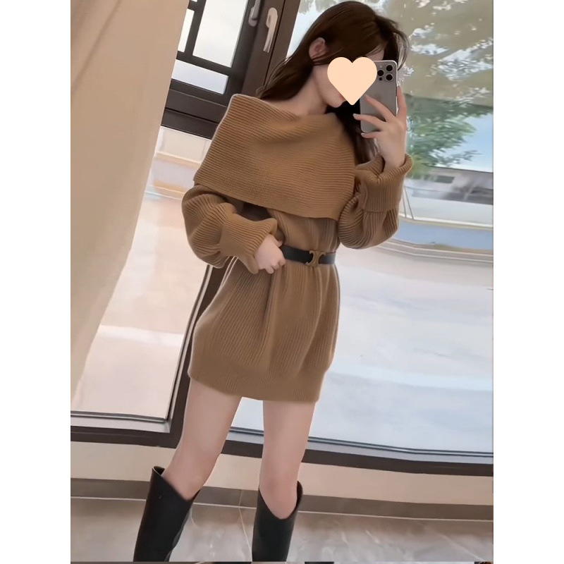 法式高级感气质名媛打底毛衣裙女秋季新款小个子露肩针织连衣裙|undefined