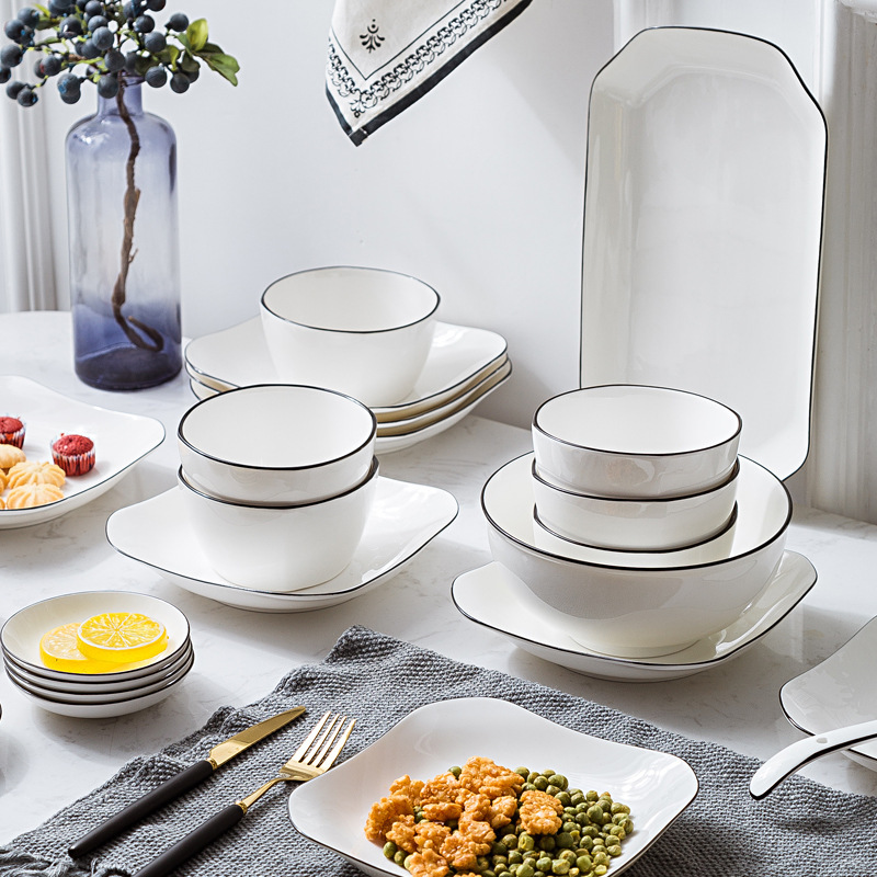 Jingdezhen Black Line Bone China Tableware Set Ceramic Rice Bowl Noodle Bowl Soup Bowl Household Simple Diet Set Wholesale