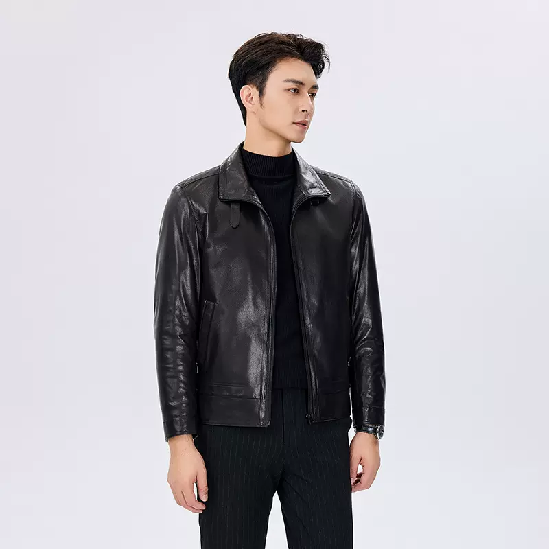 2025新款真皮皮衣男款翻领时尚休闲轻商务山羊皮羽绒皮夹克外套