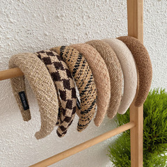 韓版秋冬奶茶高顱頂寬邊發箍高級感針織格子頭箍洗臉發窟髮飾批發