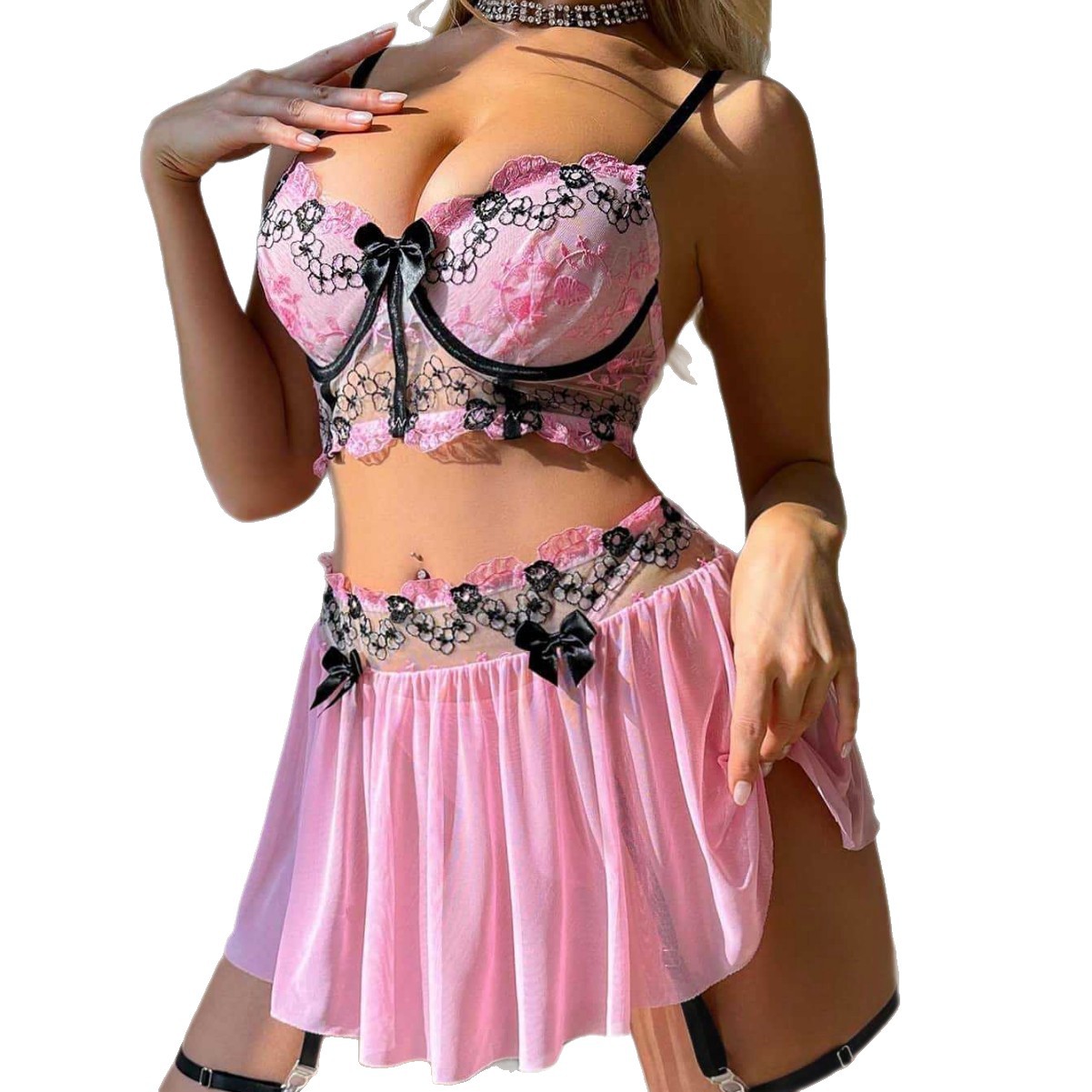 Sheer Lace Cami Sleepwear Set With Mesh Trim_voghion.com