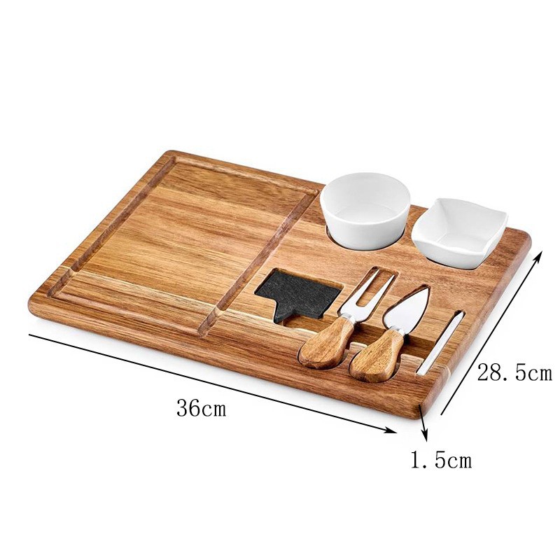 Tabla de cortar de madera tablero de pizza de carne doméstica tabla de cortar multifuncional con cuchillo y tenedor tazón de inmersión bandeja de madera tablero de postre de frutas
