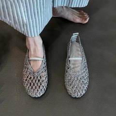 シープスキンバージョン〜フレンチウーブン中空通気性ニッチフラットサンダルレディース夏浅い口ストラップラウンドトゥシューズ