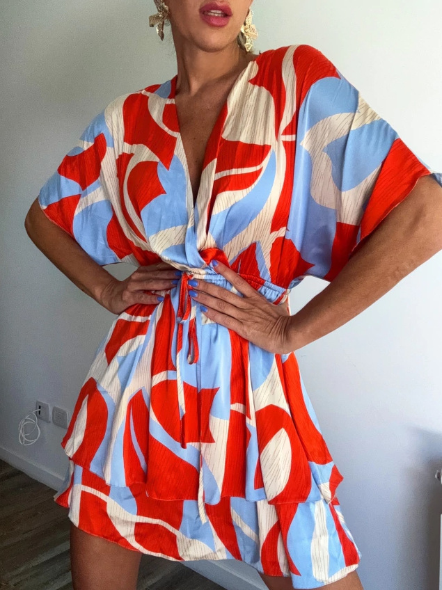 Abstract Print V-Neck Midi Dress With Tie Waist, Flowy Short Sleeve Summer Dress For Vacation & Casual Outings_ecoleips.com