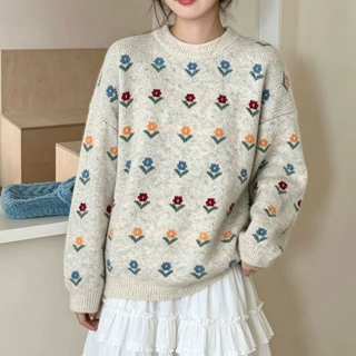2026秋冬新款甜美清新提花针织女上衣圆领宽松软糯慵懒毛衣套头潮