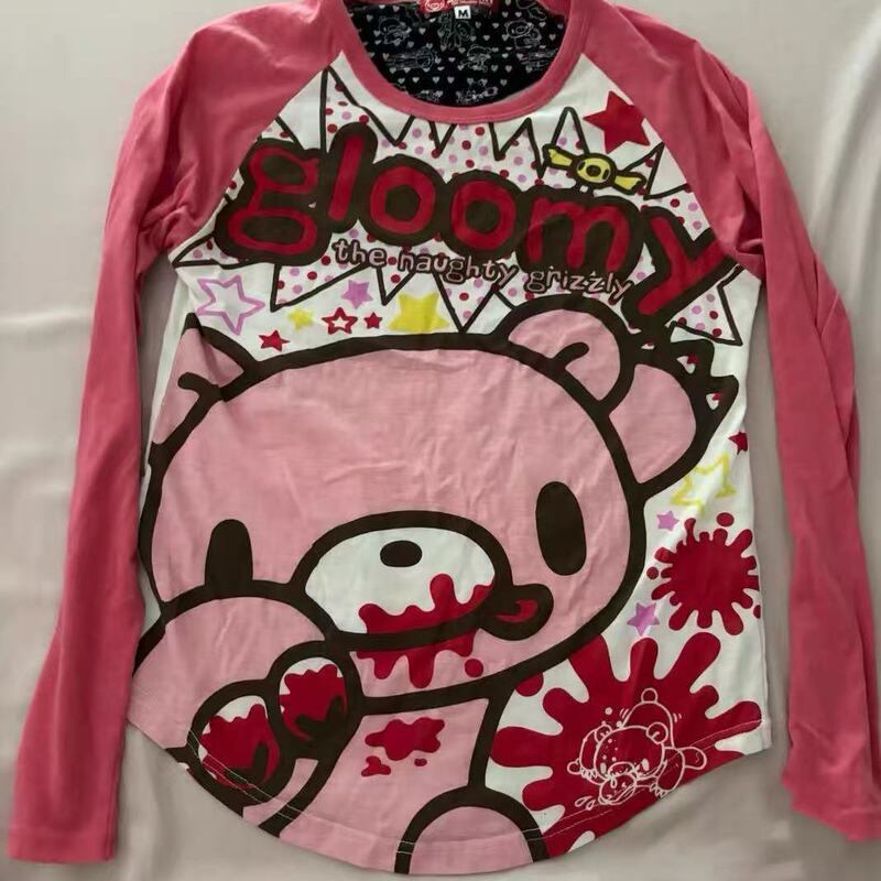Japanese-Style Sweet Cool Gloomy Bear Bloody Bear Print Long-Sleeve T-Shirt Pink and White Color-Blocking Punk Style Raglan Sleeve Top